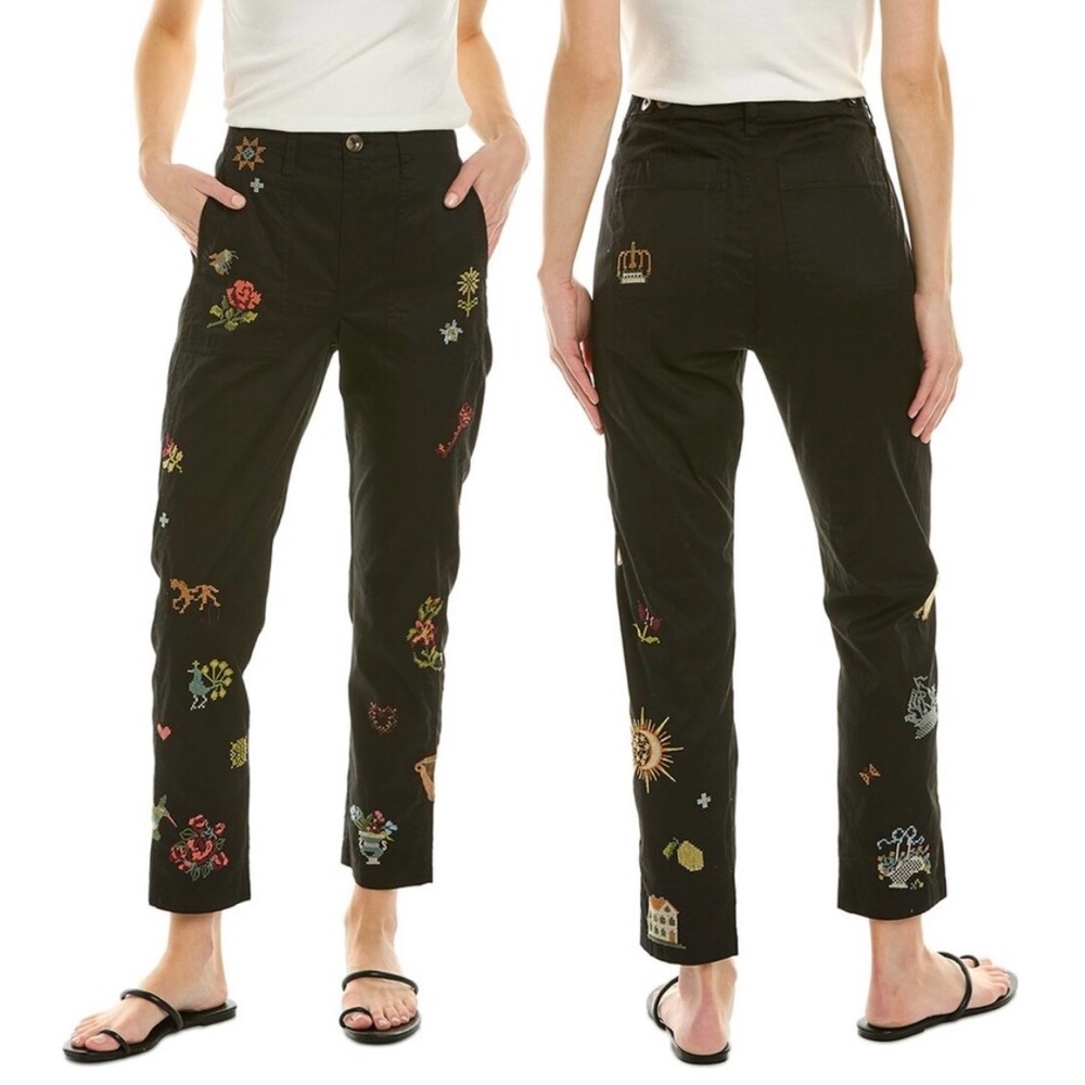 JOHNNY WAS Workshop Black Embroidered Pants Needle‎ Point Goth Artsy Preppy Sz 8